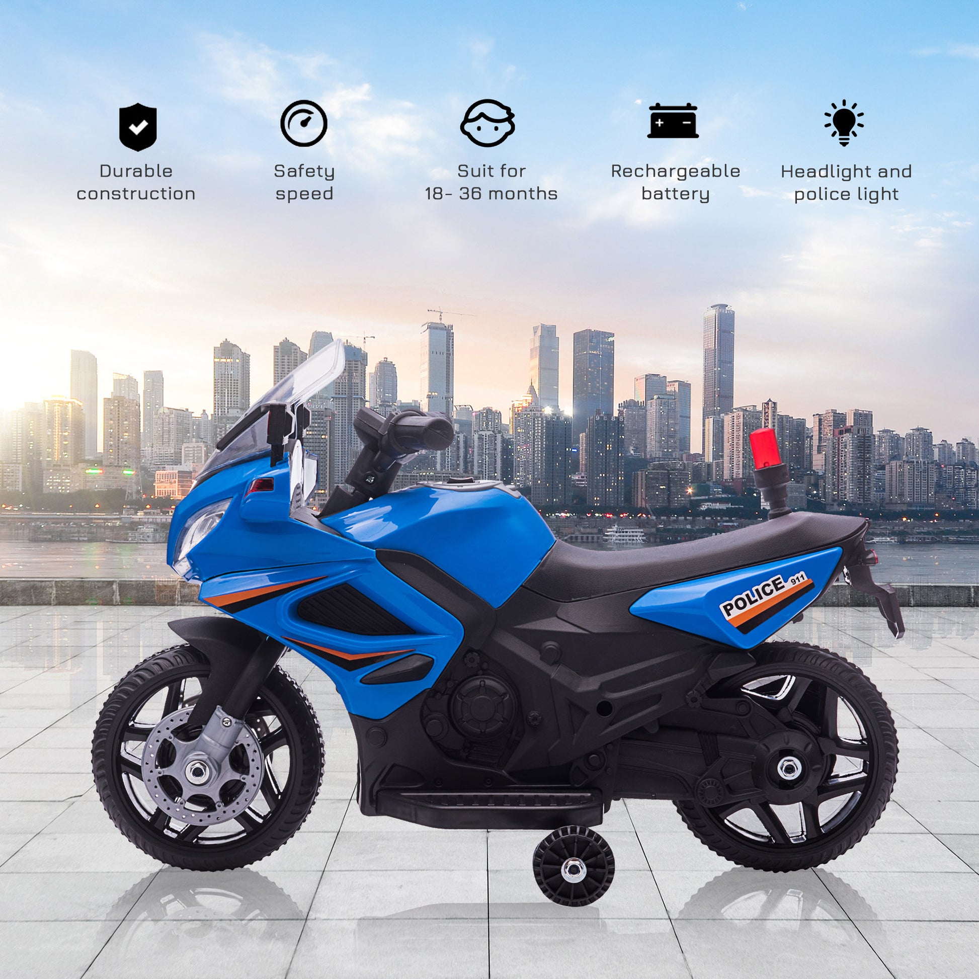 HOMCOM Kids 6V Electric Ride On Motorcycle Police Car Vehicle w/ Lights Horn Realistic Sound Outdoor Play Toy for 18 - 36 months Blue