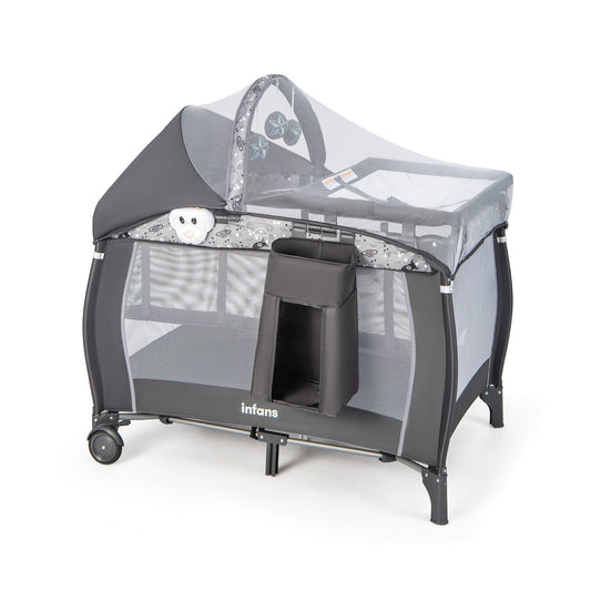 4-in-1 Foldable Travel Cot with Bassinet Changing Table and Canopy-Grey