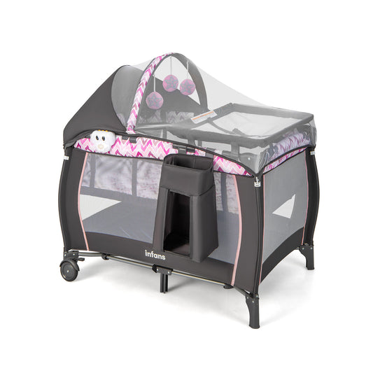 4-in-1 Foldable Travel Cot with Bassinet Changing Table and Canopy-Pink