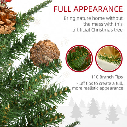 HOMCOM 2 Pieces Set 3 Foot Artificial Christmas Tree with 110 Realistic Branches, Pine Cones, Red Berries, Gold Pot, for Doorway, Porch, Green