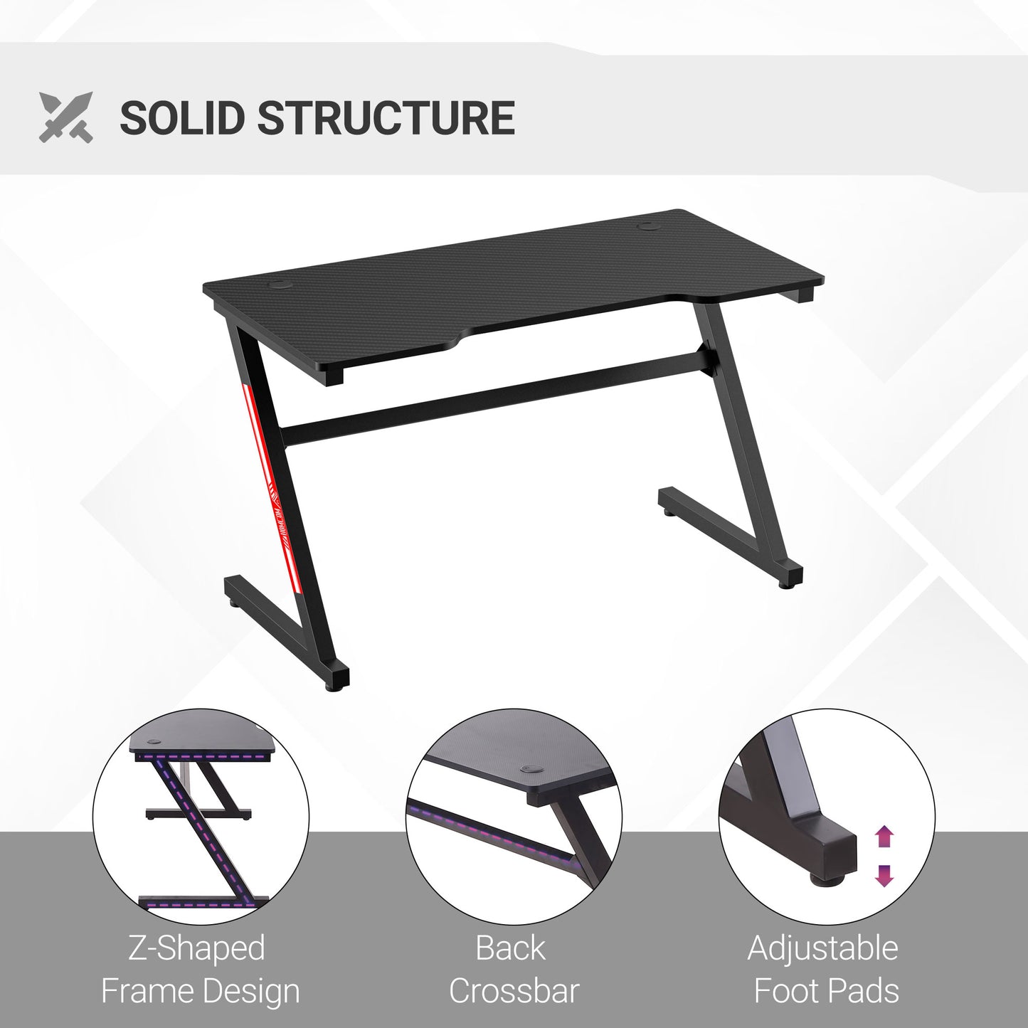 HOMCOM 1.2m Gaming Desk Z-Shaped Racing Style Home Office Computer Table with 2 Cable Managements for E-sport Study Workstation Black