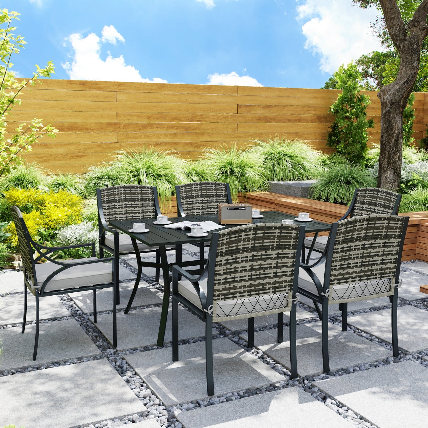 Outsunny Rattan Garden Furniture Set with Cushions, 6 Seater Rattan Dining Set with 6 Armchairs, 150 x 96cm Rectangular Table, Umbrella Hole, for Outdoor, Patio, Balcony, Terrace, Conservatory