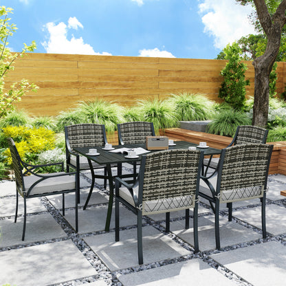 Outsunny Rattan Garden Furniture Set with Cushions, 6 Seater Rattan Dining Set with 6 Armchairs, 150 x 96cm Rectangular Table, Umbrella Hole, for Outdoor, Patio, Balcony, Terrace, Conservatory