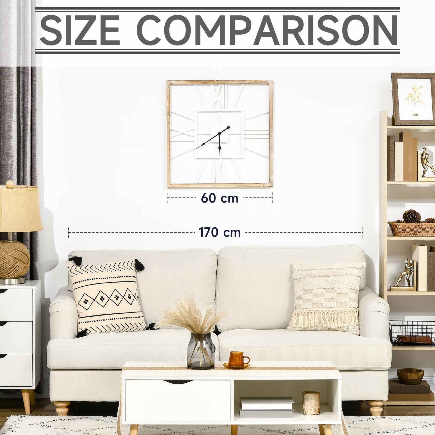 HOMCOM Vintage Large Wall Clock with Roman Numerals, 60cm/24 Inch Silent Non Ticking Metal Wood Clocks for Living Room Kitchen, Distressed White