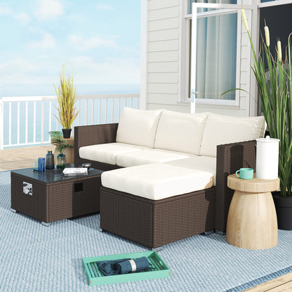 Outsunny Five Piece Rattan Garden Furniture Set with Gas Fire Pit Table and Footstool - Brown and Cream White