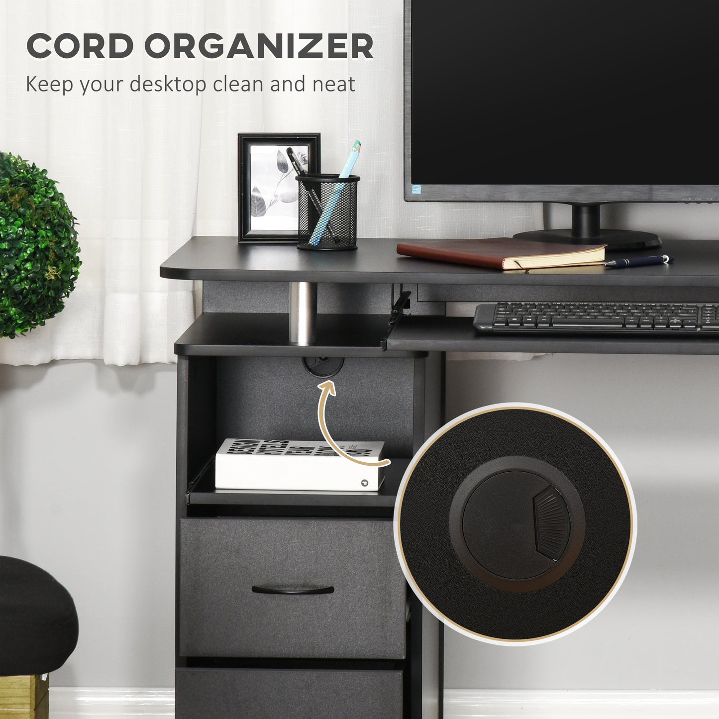 HOMCOM Computer Desk Office PC Table Workstation with Keyboard Tray, CPU Shelf, Drawers, Sliding Scanner Shelf, Black