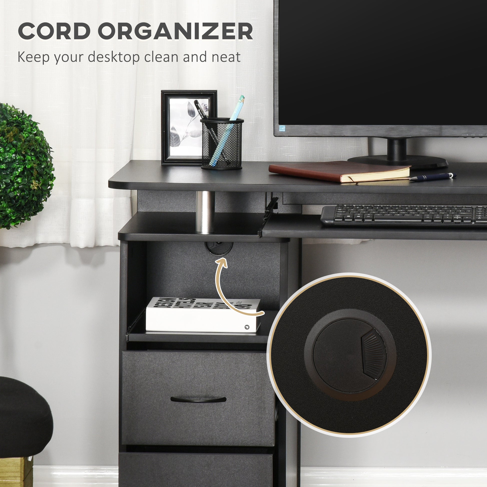 HOMCOM Computer Desk Office PC Table Workstation with Keyboard Tray, CPU Shelf, Drawers, Sliding Scanner Shelf, Black