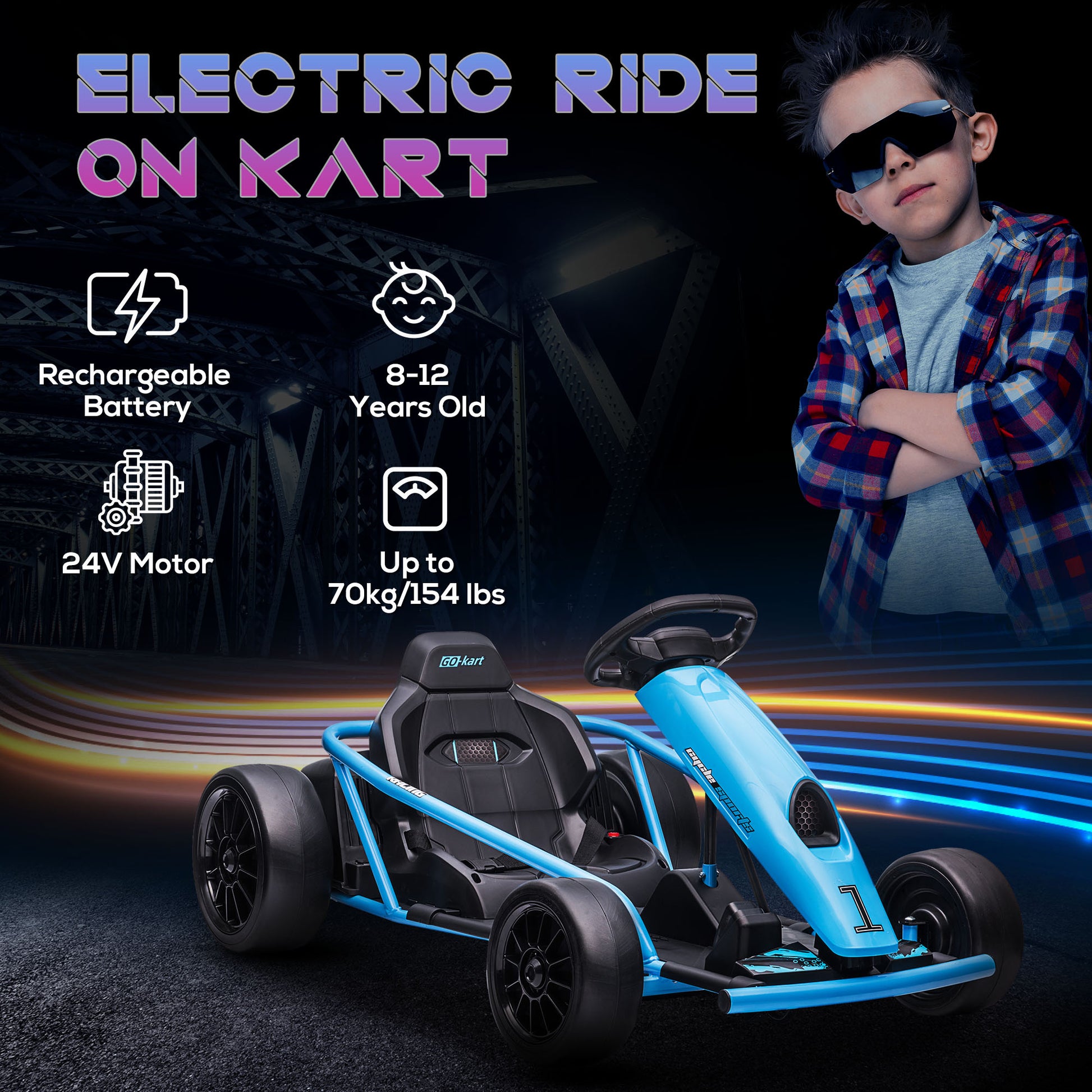 HOMCOM 24V Electric Go Kart for Kids, Drift Ride-On Racing Go Kart with 2 Speeds, for Boys Girls Aged 8-12 Years Old, Blue