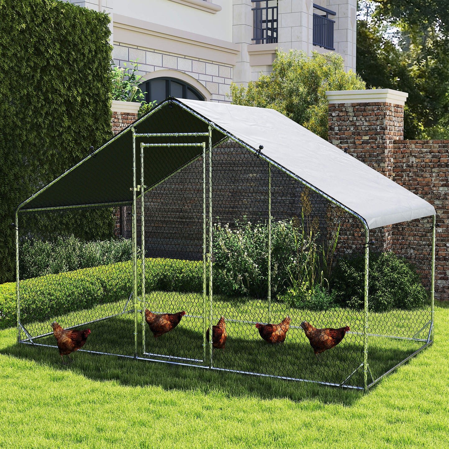 PawHut Large Chicken Coop, Galvanised Walk In Chicken Coop Hen House w/ Water-Resist Cover, 3 x 1.7 x 1.9m