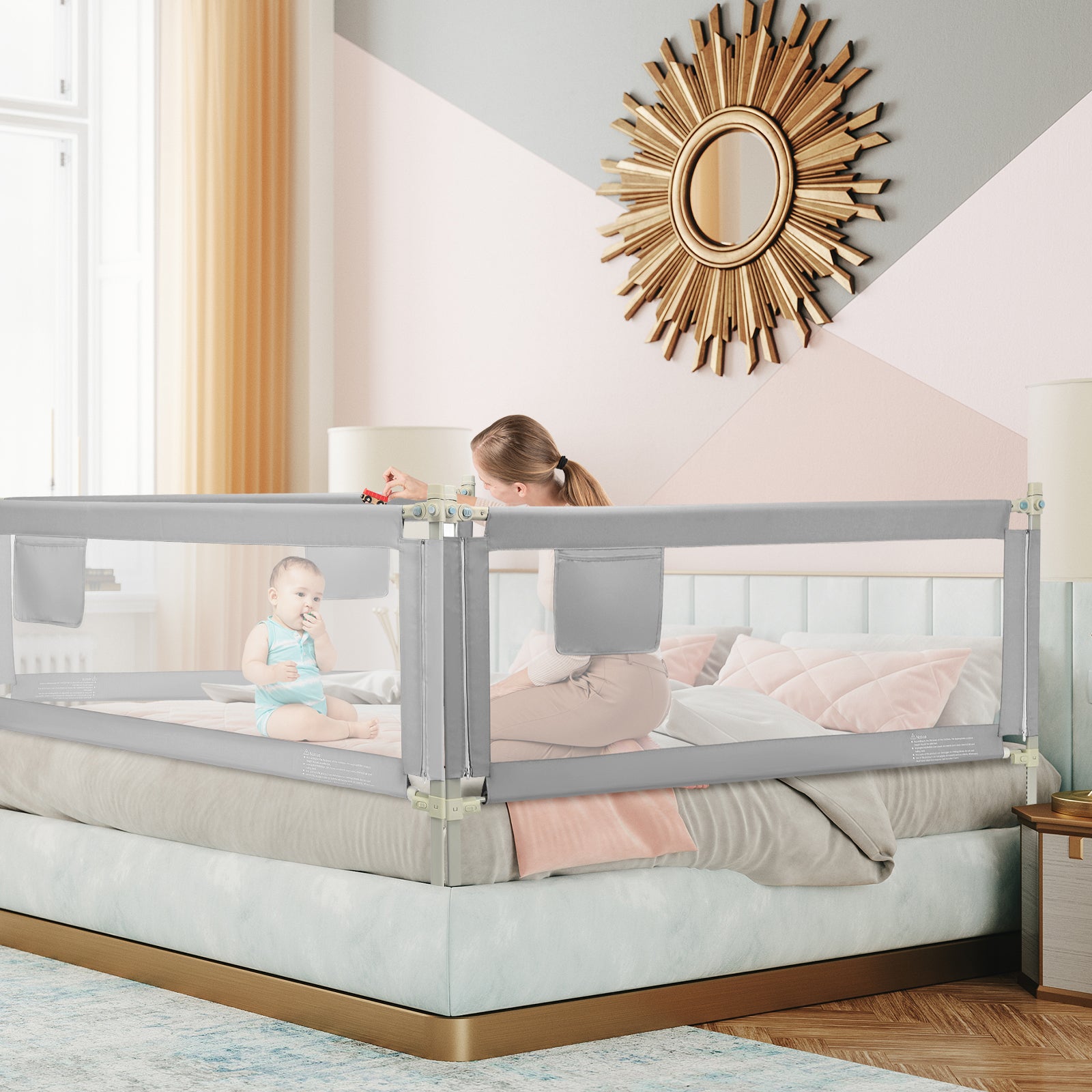 196cm Height Adjustable Bed Rail with Double Safety Lock for Toddlers-Grey