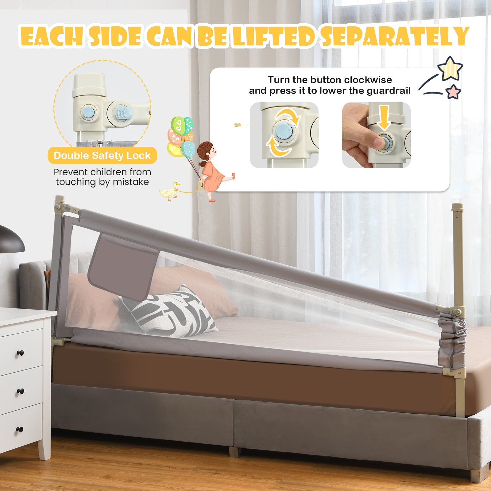 196cm Height Adjustable Bed Rail with Double Safety Lock for Toddlers-Grey