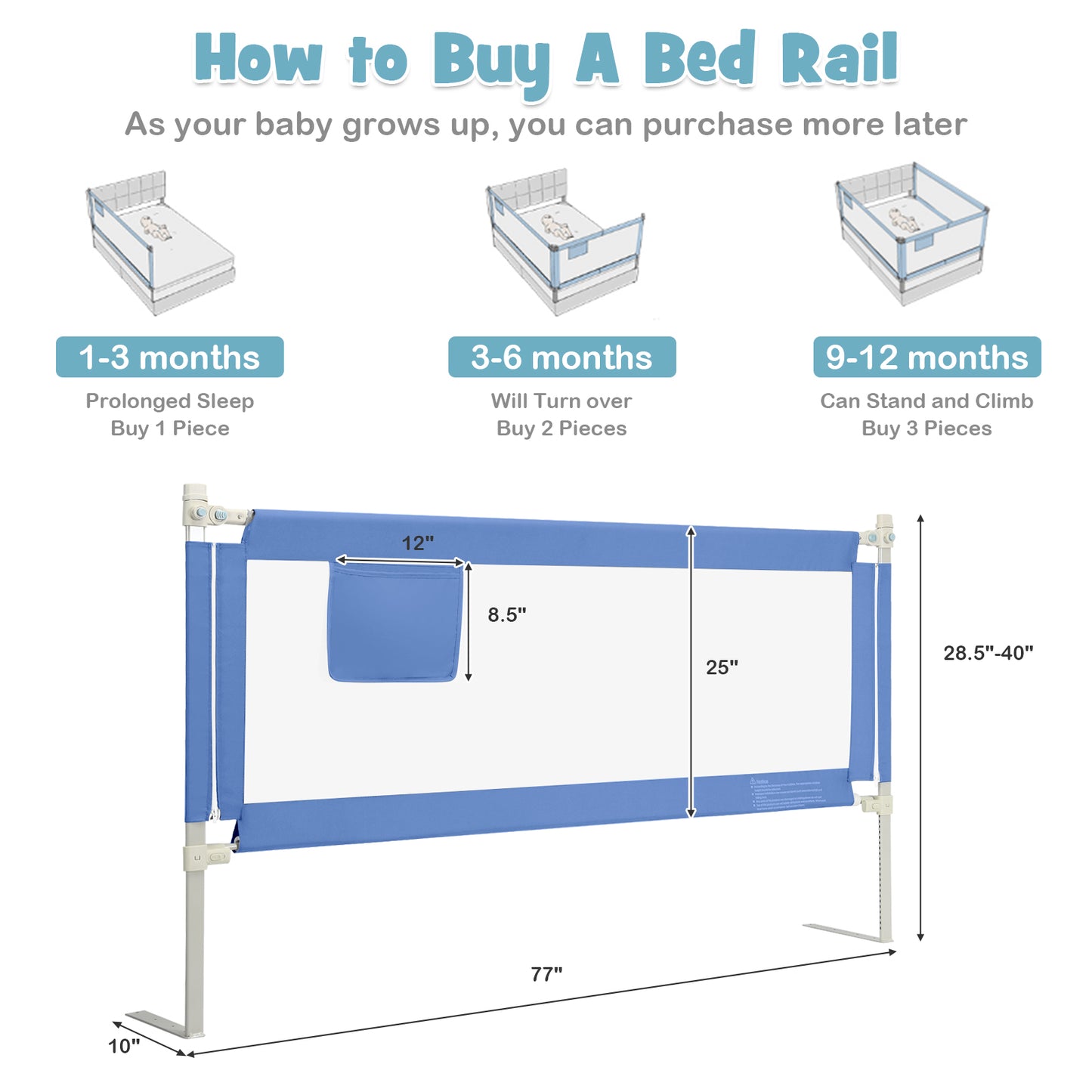 175 cm Infant Safety Bed Guardrail with Anti-Collision Cotton and Side Pocket-Blue
