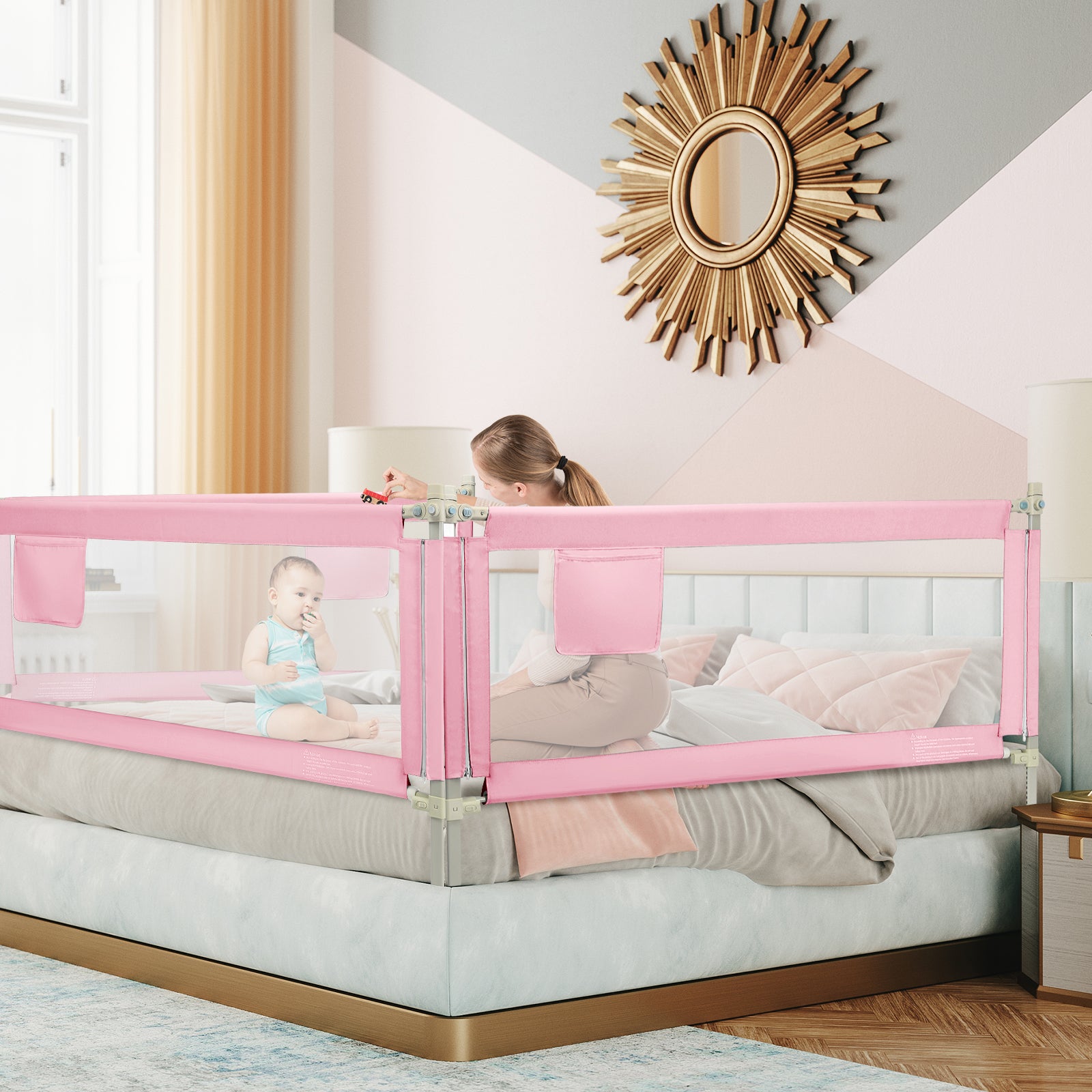 175 cm Infant Safety Bed Guardrail with Anti-Collision Cotton and Side Pocket-Pink
