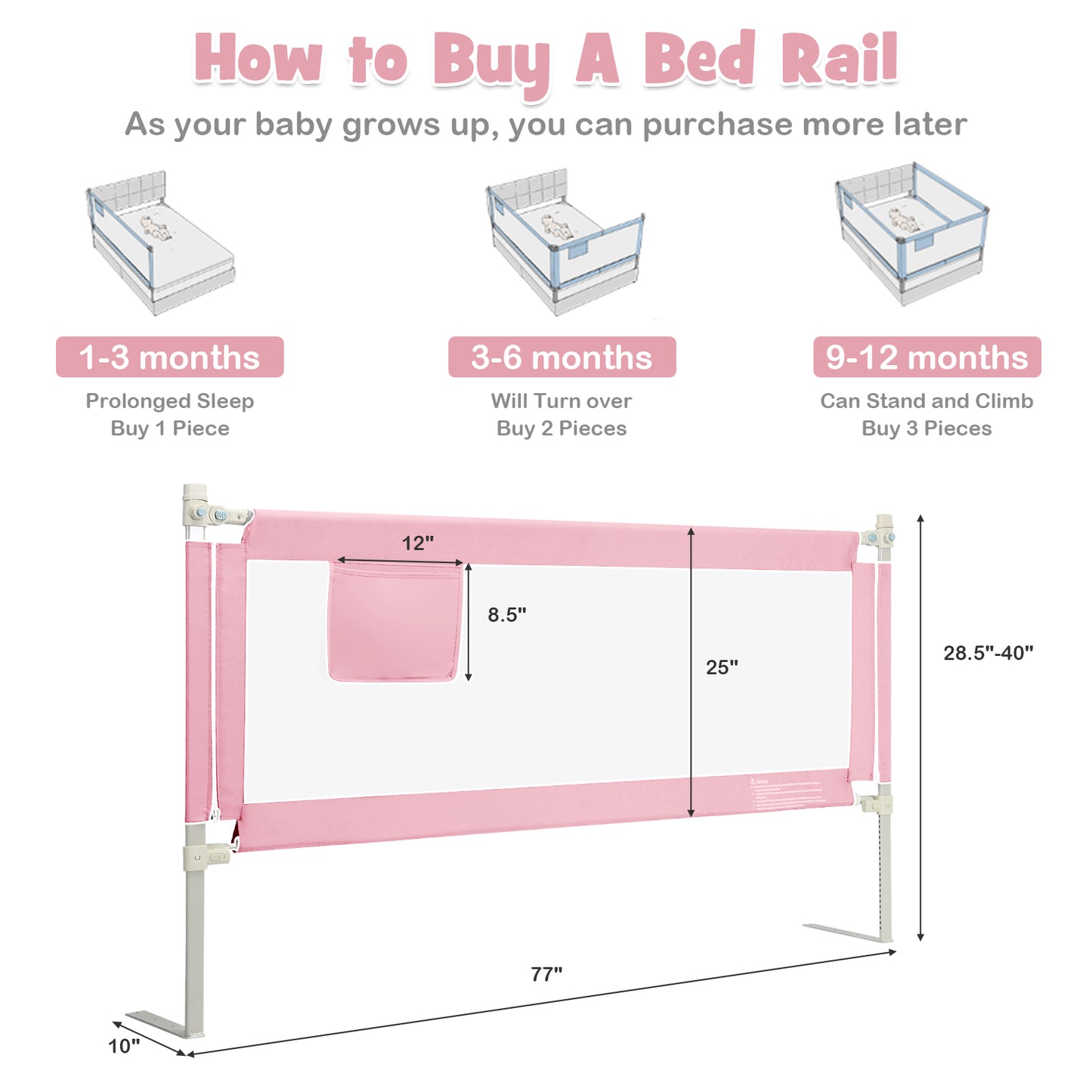 175 cm Infant Safety Bed Guardrail with Anti-Collision Cotton and Side Pocket-Pink