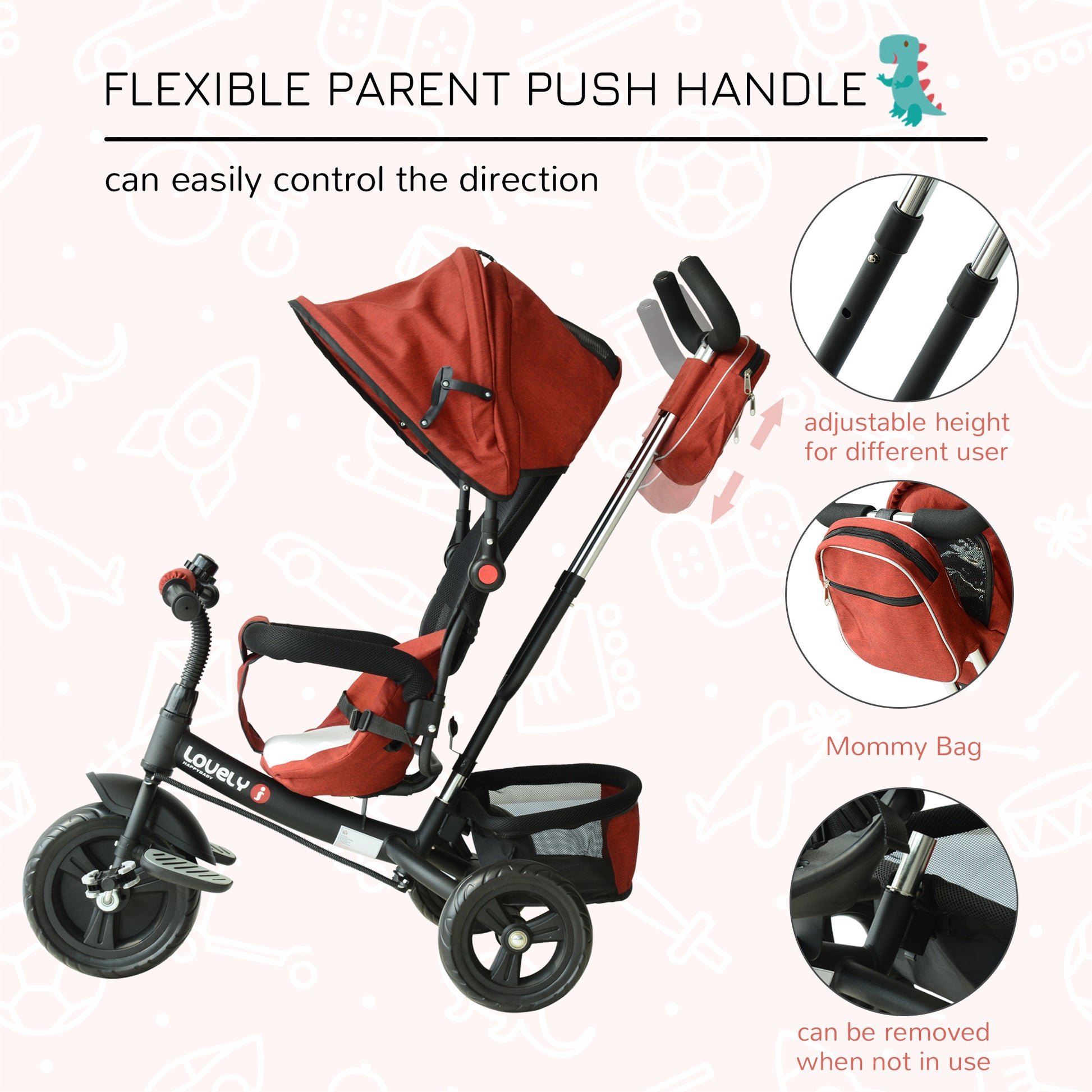 HOMCOM Baby Ride on Tricycle W/Canopy-Red