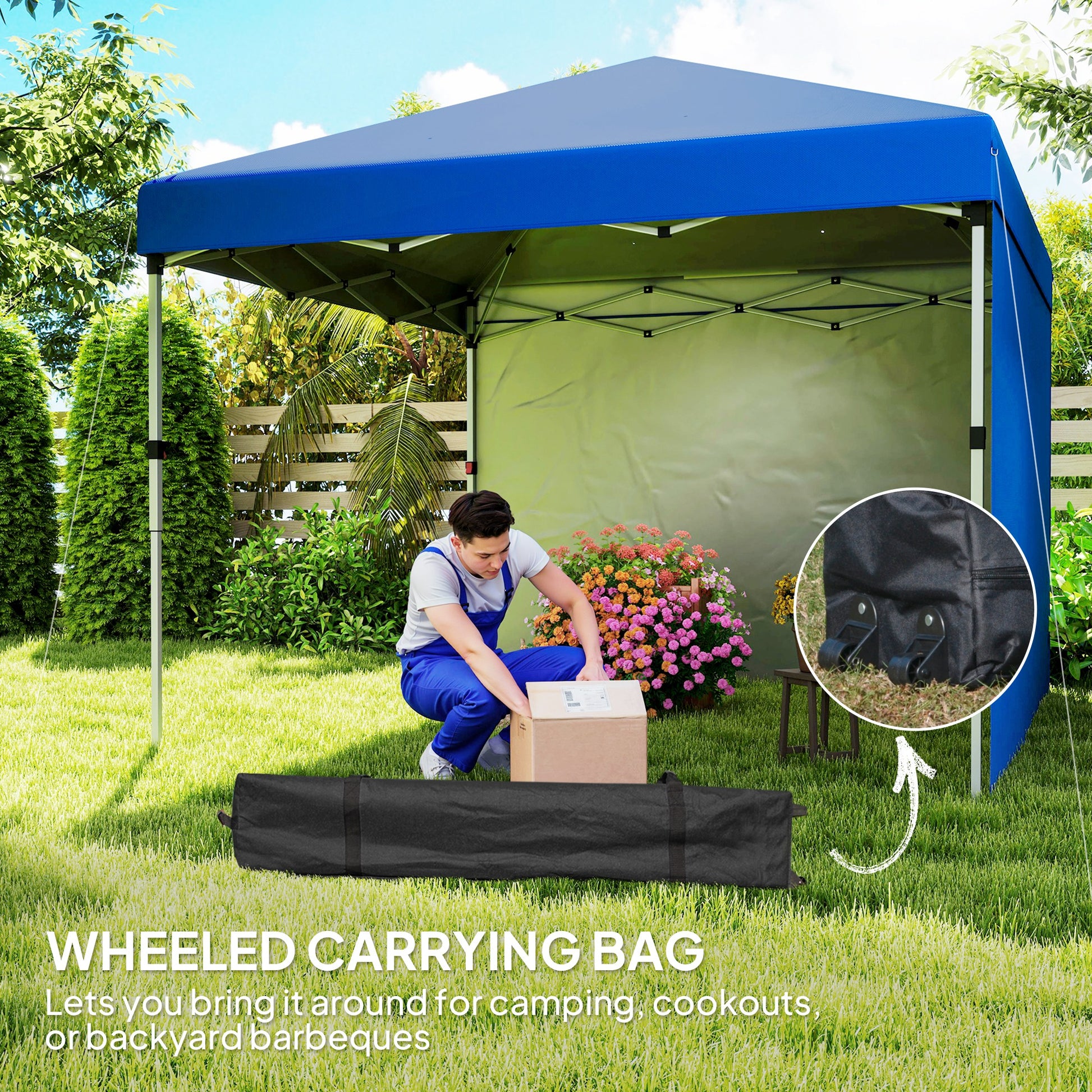 Outsunny 3 x 3 (M) Pop Up Gazebo, UPF 30+ with 2 Sidewalls, Leg Weight Bags and Wheeled Bag, Height Adjustable Party Tent Event Shelter for Garden, Patio, Blue