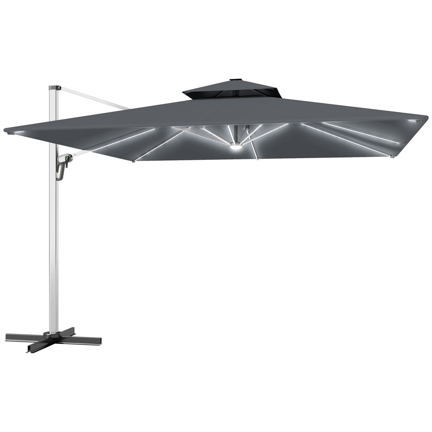 Outsunny 3(m) Garden Cantilever Parasol with Solar LED Lights, Cross Base, 360° Rotation, Crank Handle and Tilt, Grey
