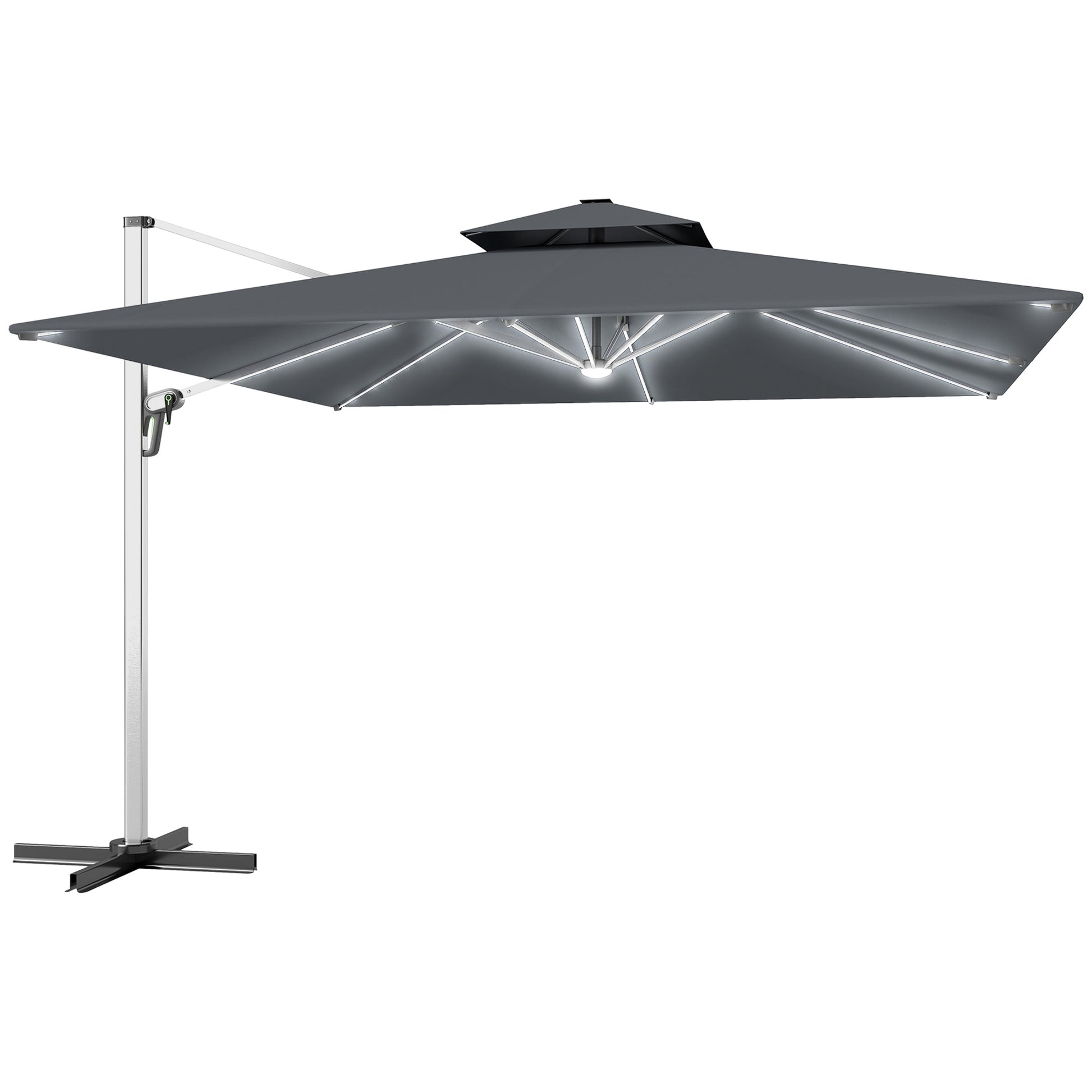 Outsunny 3(m) Garden Cantilever Parasol with Solar LED Lights, Cross Base, 360° Rotation, Crank Handle and Tilt, Grey