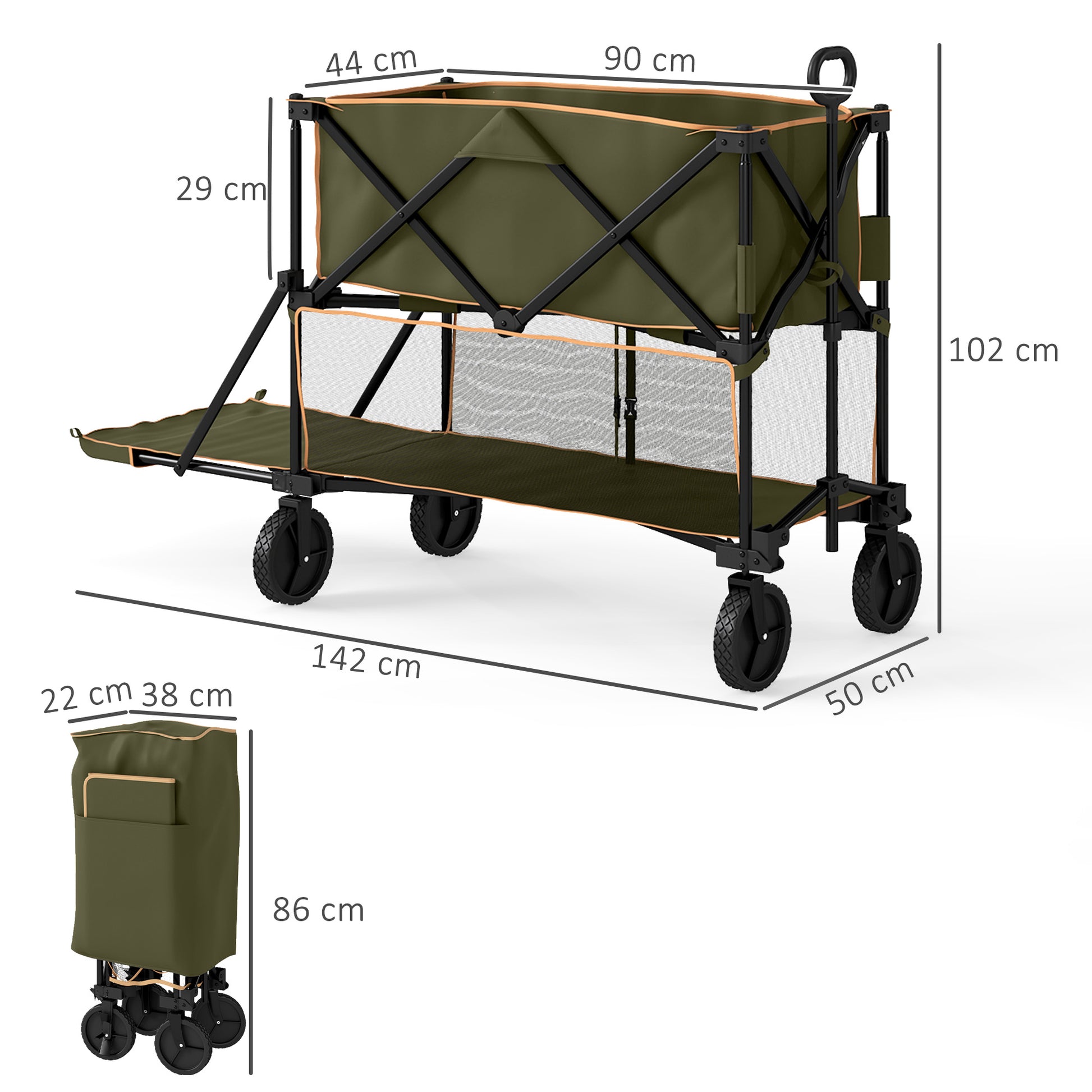 Outsunny Double Decker Folding Trolley on Wheels, 200KG & 350L Capacity Collapsible Wagon Festival Trolley Cart with 134cm Extended for Camping Sports Shopping Garden and Beach, Grey