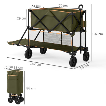 Outsunny Double Decker Folding Trolley on Wheels, 200KG & 350L Capacity Collapsible Wagon Festival Trolley Cart with 134cm Extended for Camping Sports Shopping Garden and Beach, Grey