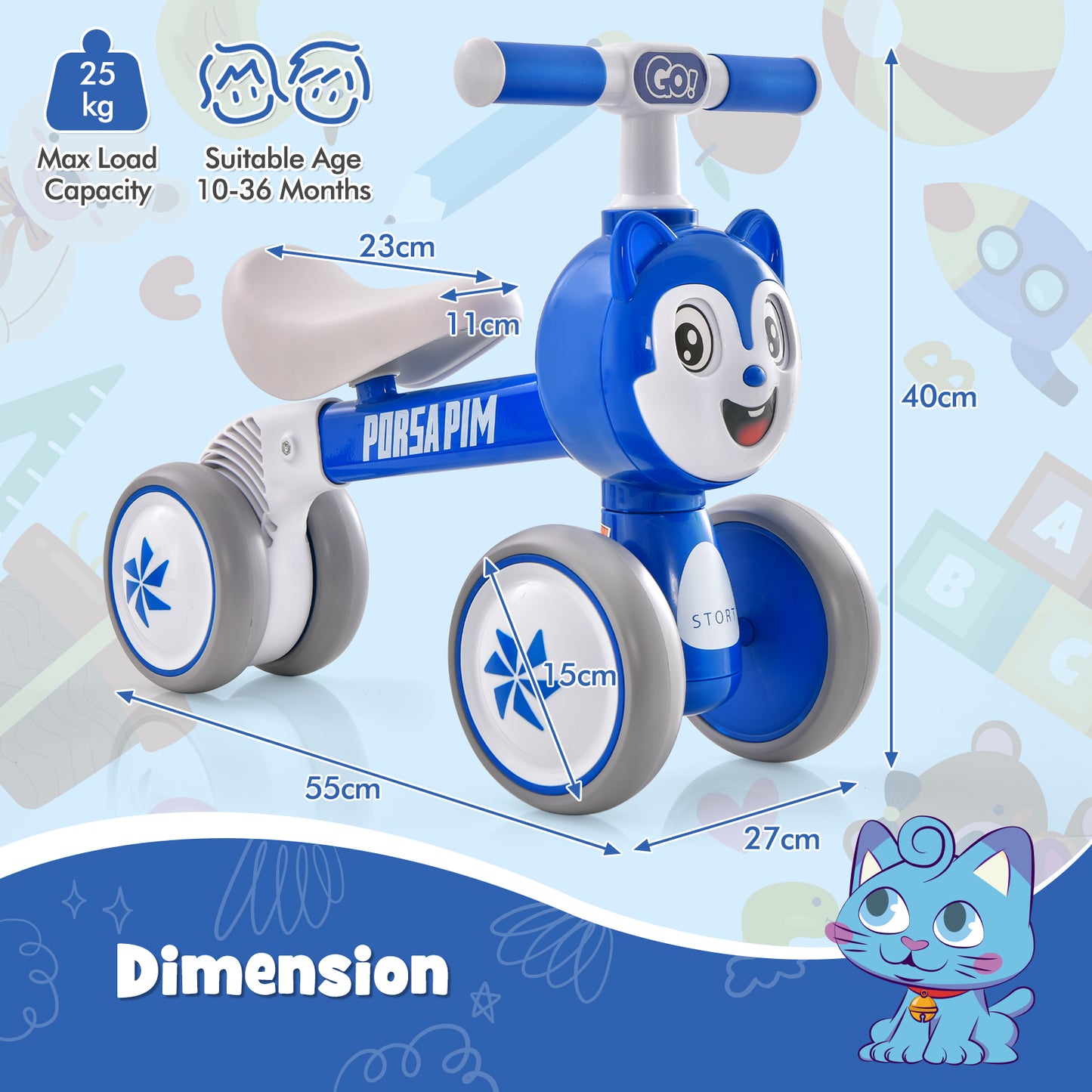 No Pedal Lightweight Infant 4 Wheels Baby Bicycle-Blue