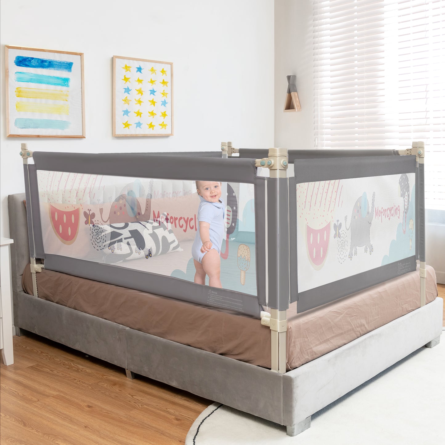 175CM Baby Bed Rail Guard with Double Safety Lock and Adjustable Height-Dark Grey