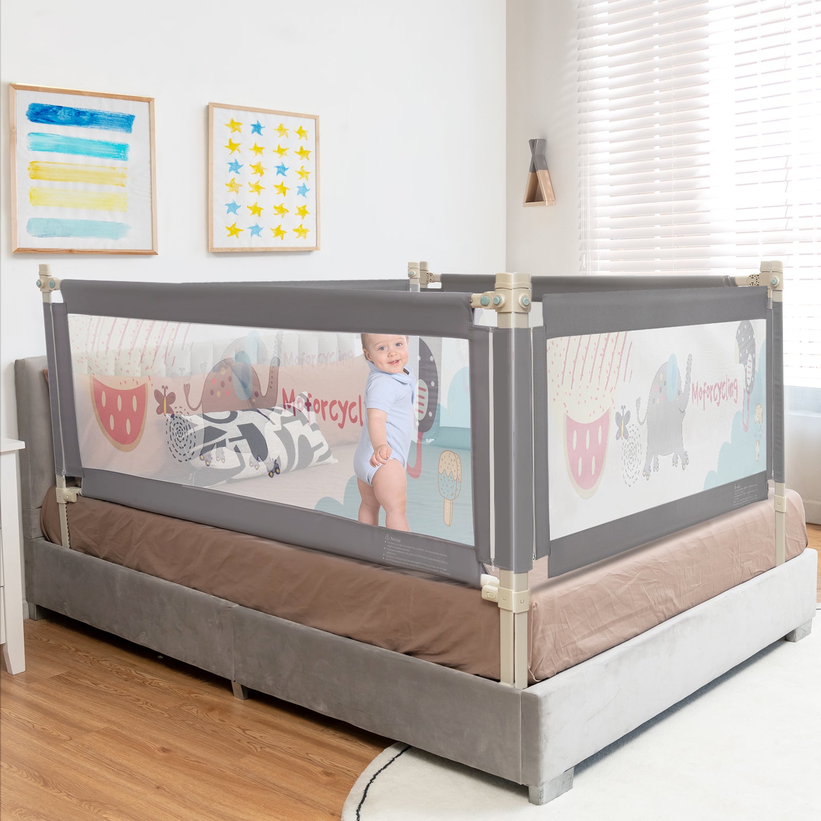 175CM Baby Bed Rail Guard with Double Safety Lock and Adjustable Height-Dark Grey