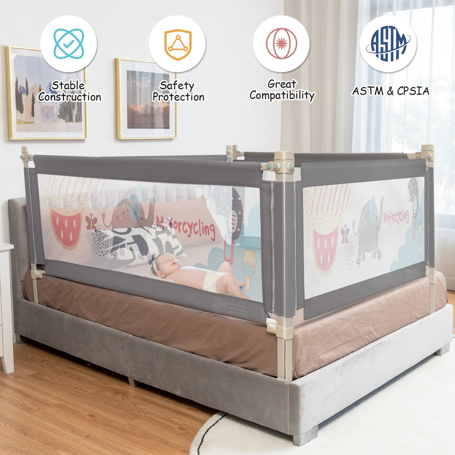 175CM Baby Bed Rail Guard with Double Safety Lock and Adjustable Height-Dark Grey