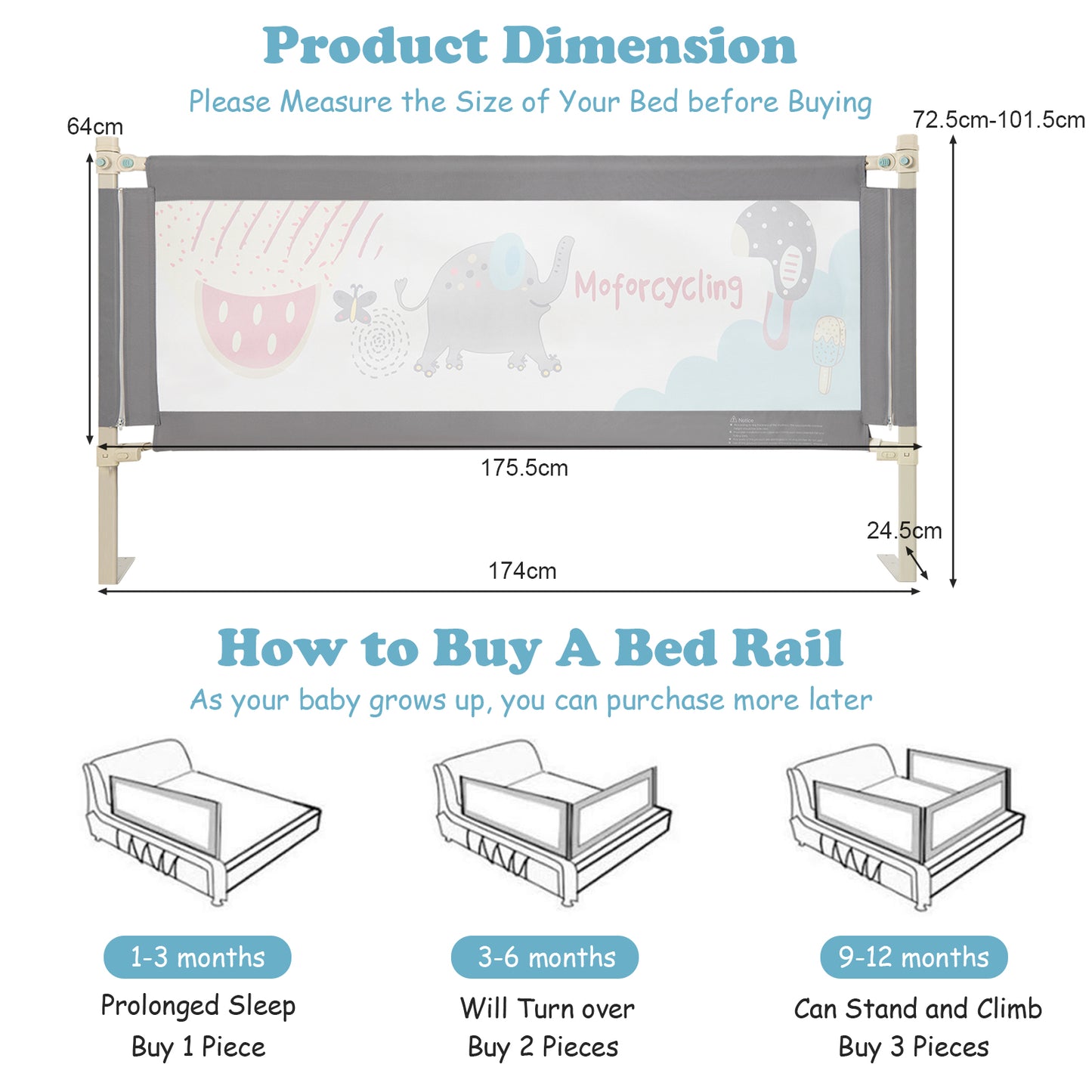 175CM Baby Bed Rail Guard with Double Safety Lock and Adjustable Height-Dark Grey