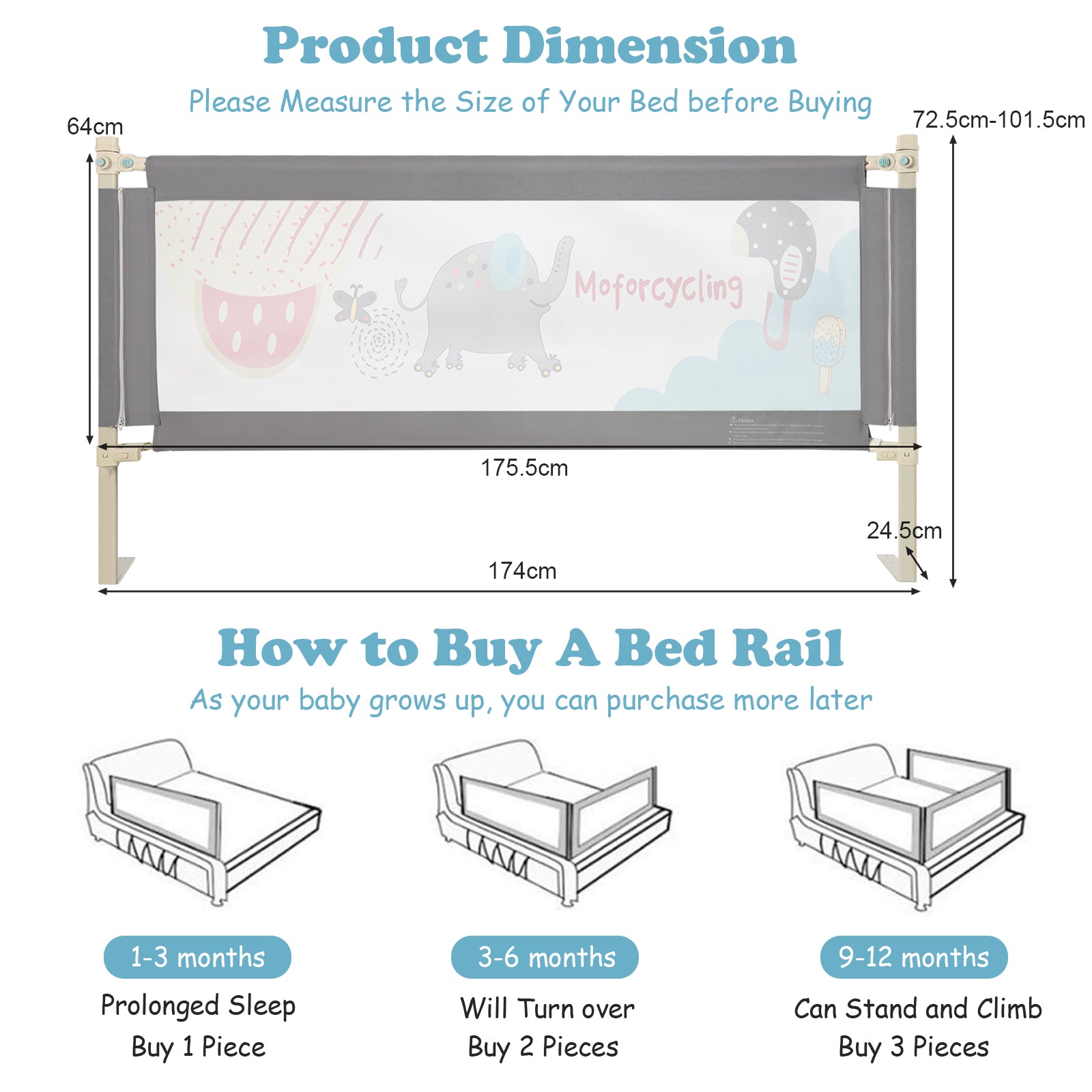 175CM Baby Bed Rail Guard with Double Safety Lock and Adjustable Height-Dark Grey