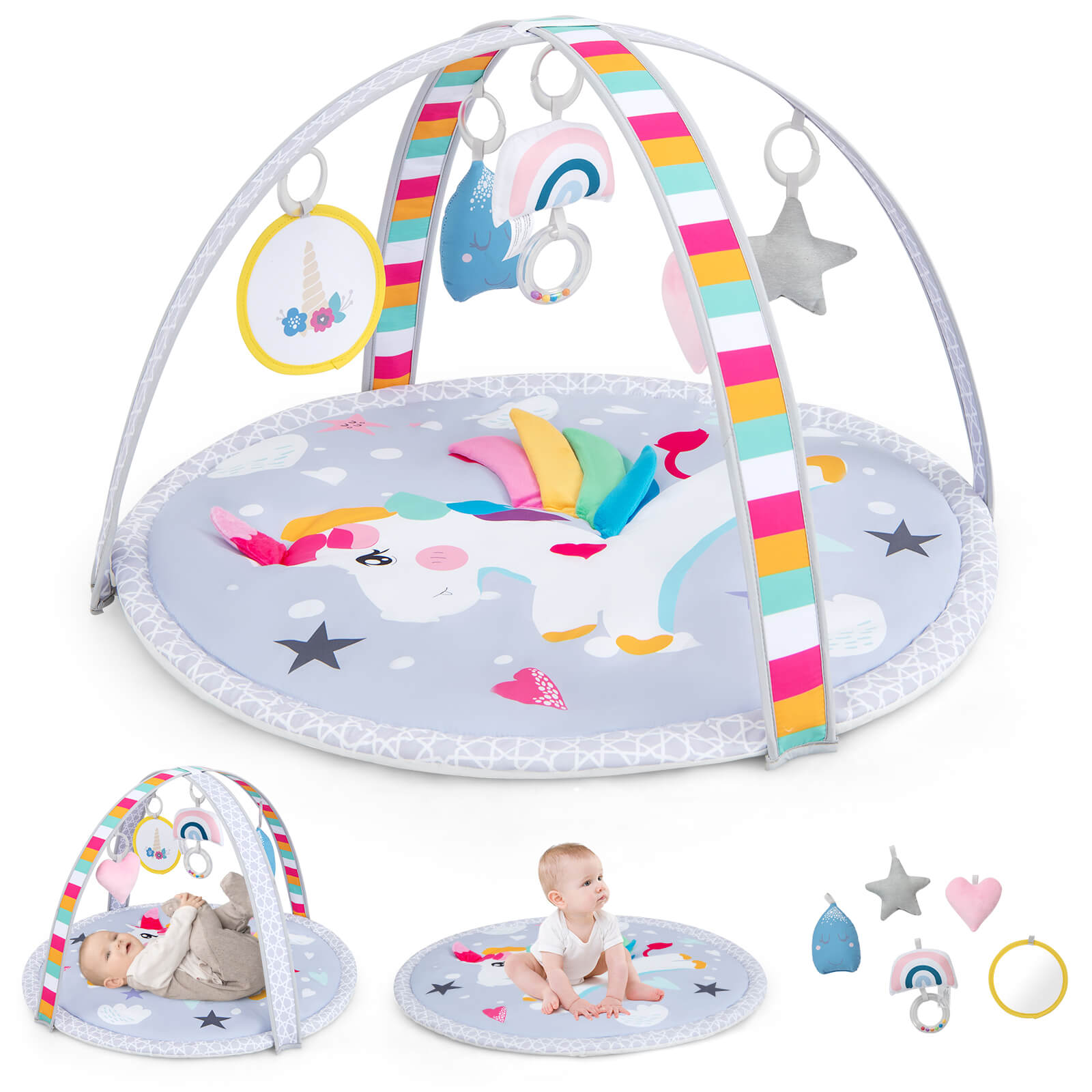 Baby Play Gym Mat 7-in-1 Tummy Time Activity with 5 Detachable Toys-Multicolor