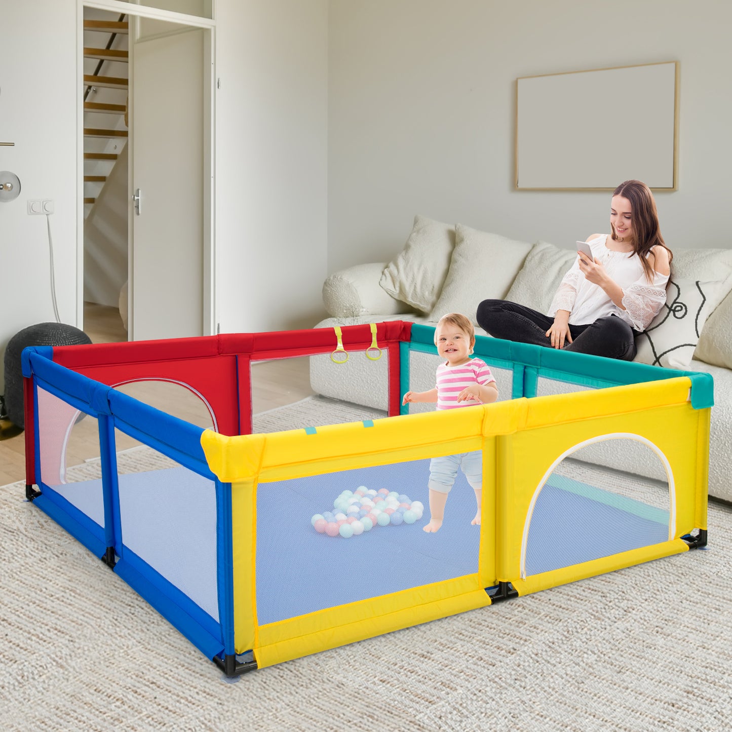 Baby Playpen with 50 Piece Ocean Balls and Non-slip Suction Cups-Colourful