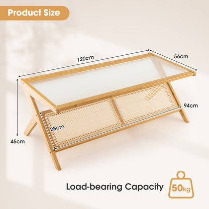 Bamboo Coffee Table with Glass Tabletop-Natural