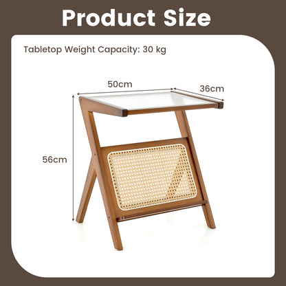 Bamboo Accent Bedside Table with Tempered Glass Top-Brown