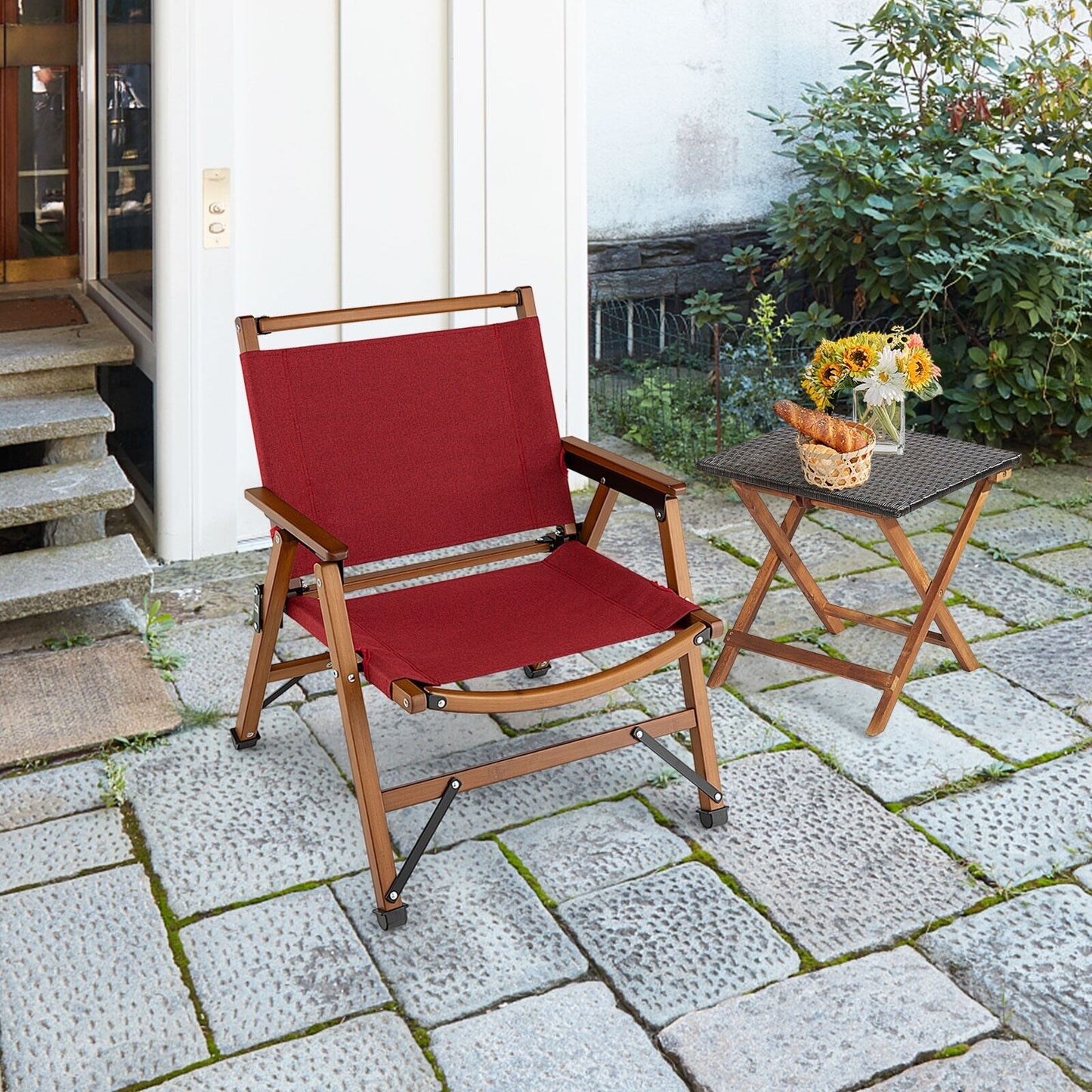 Bamboo Frame Folding Camping Chair-Red
