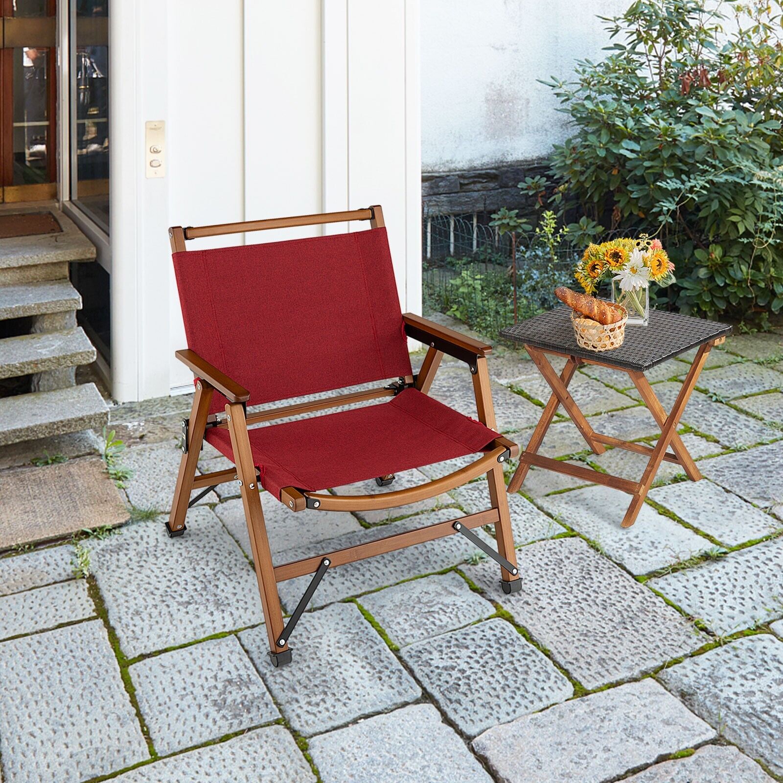 Bamboo Frame Folding Camping Chair-Red