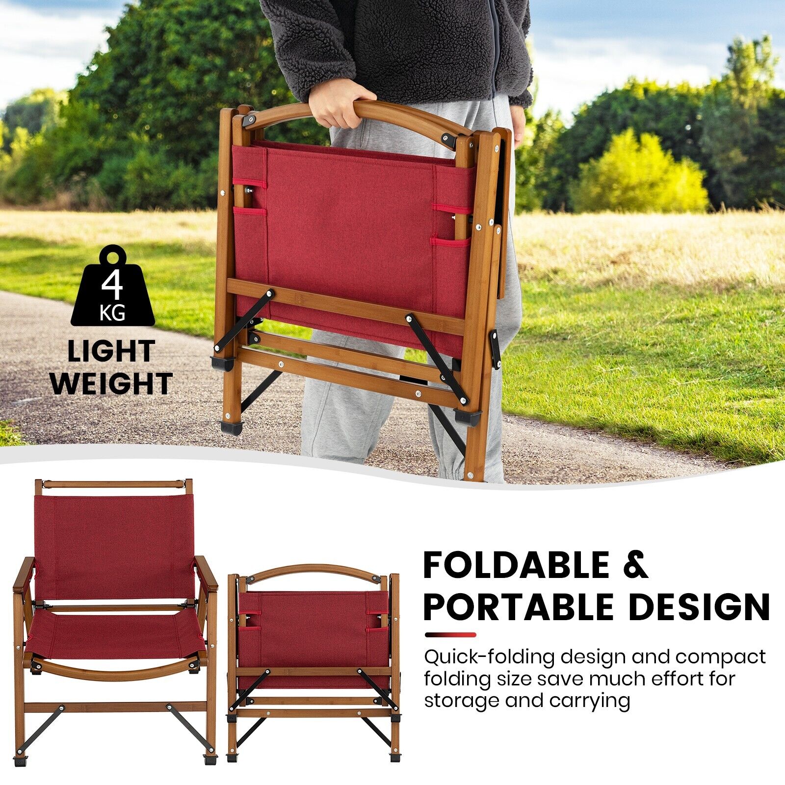 Bamboo Frame Folding Camping Chair-Red