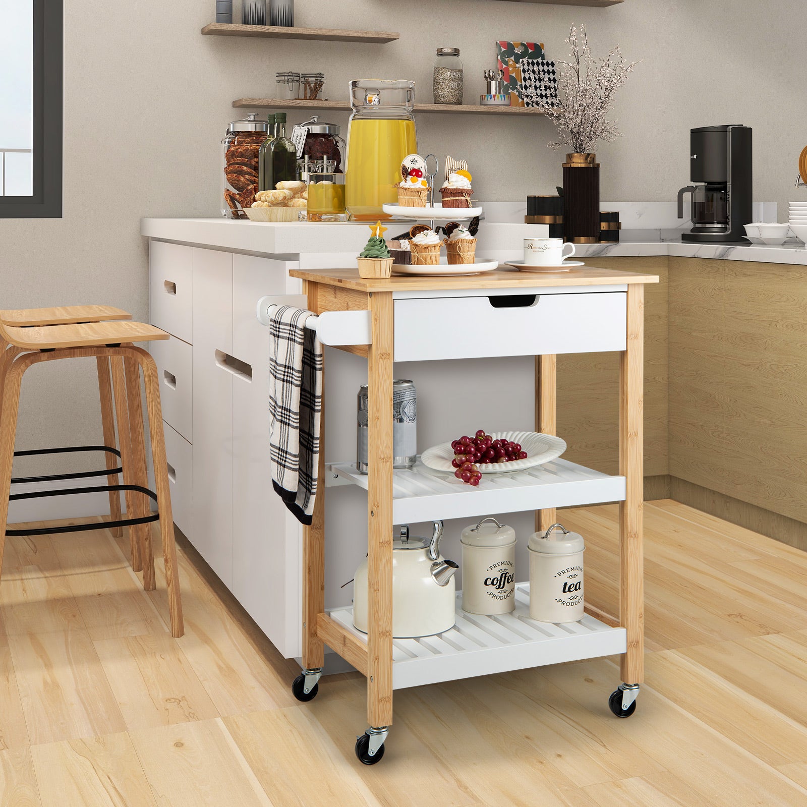 Bamboo Rolling Kitchen Island with Pull-Out Drawer-Natural
