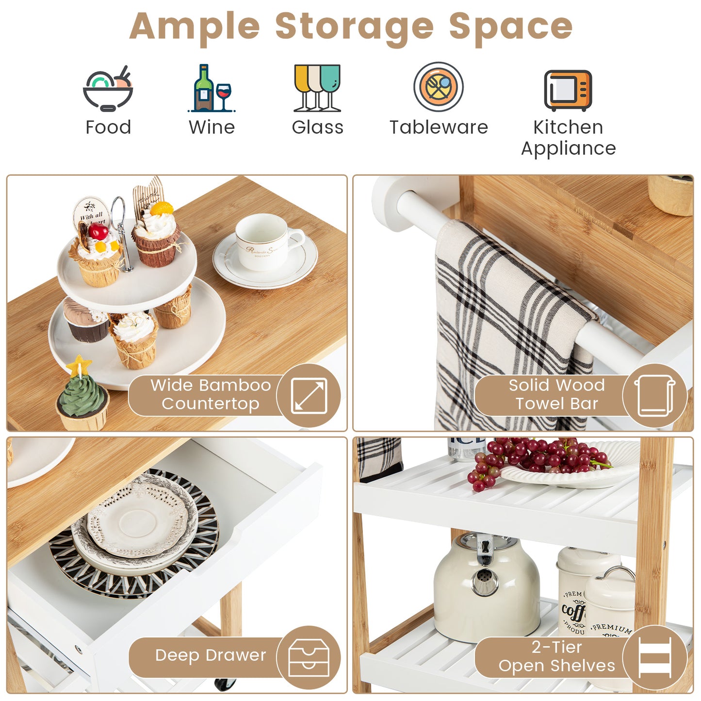 Bamboo Rolling Kitchen Island with Pull-Out Drawer-Natural