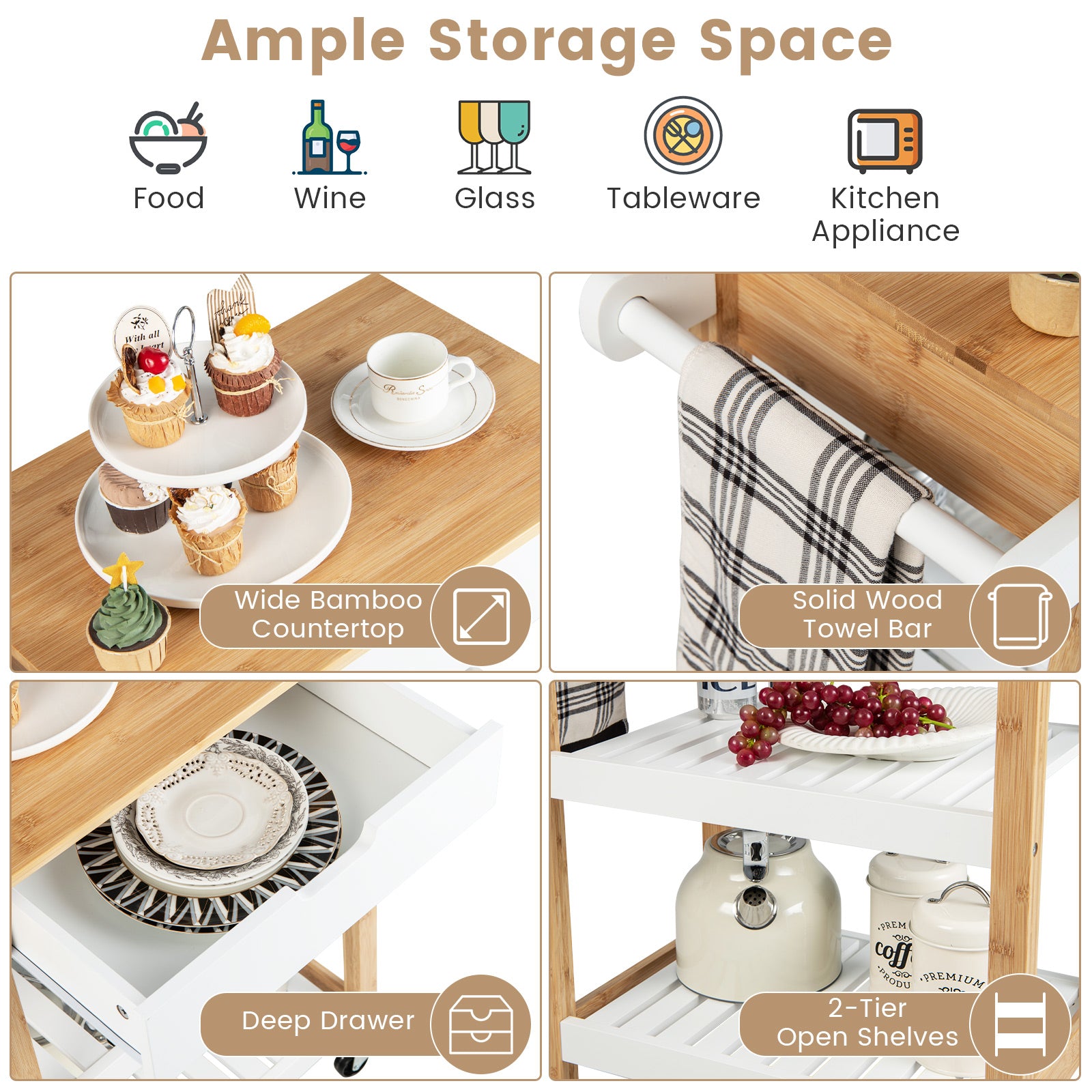 Bamboo Rolling Kitchen Island with Pull-Out Drawer-Natural