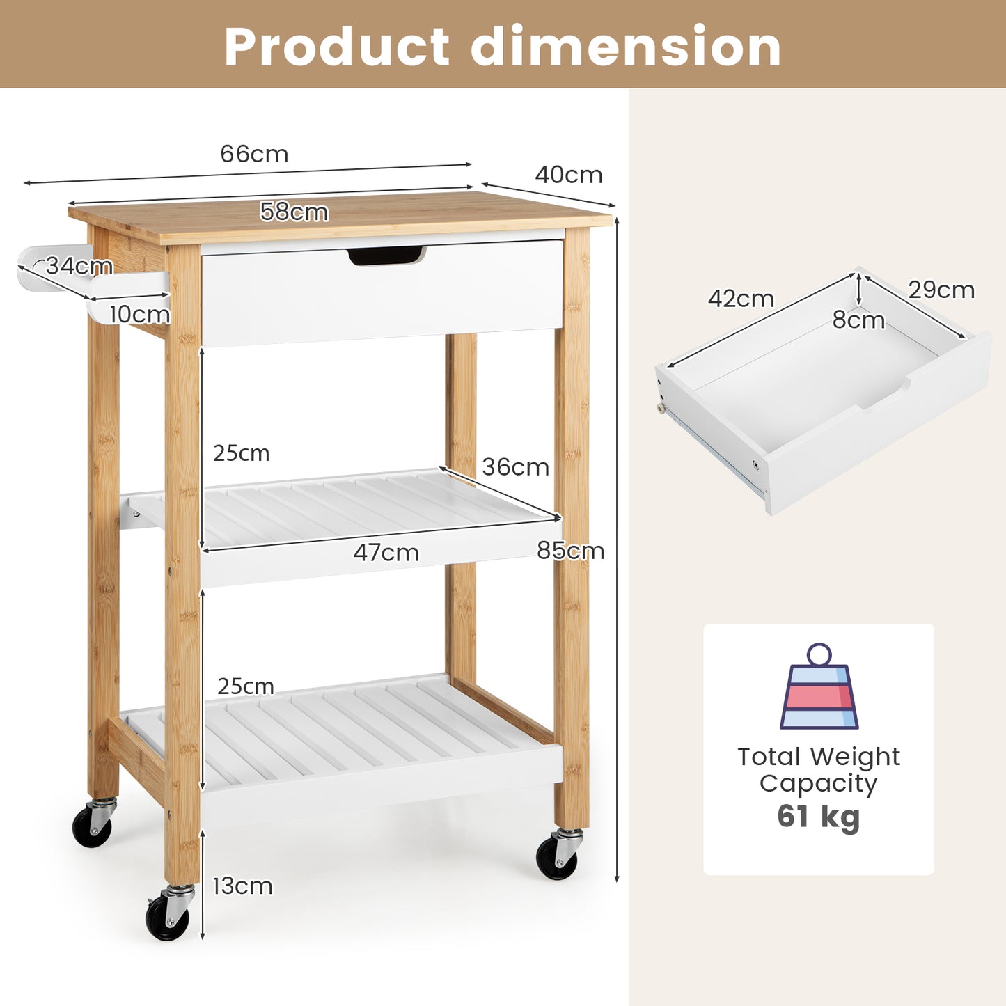 Bamboo Rolling Kitchen Island with Pull-Out Drawer-Natural