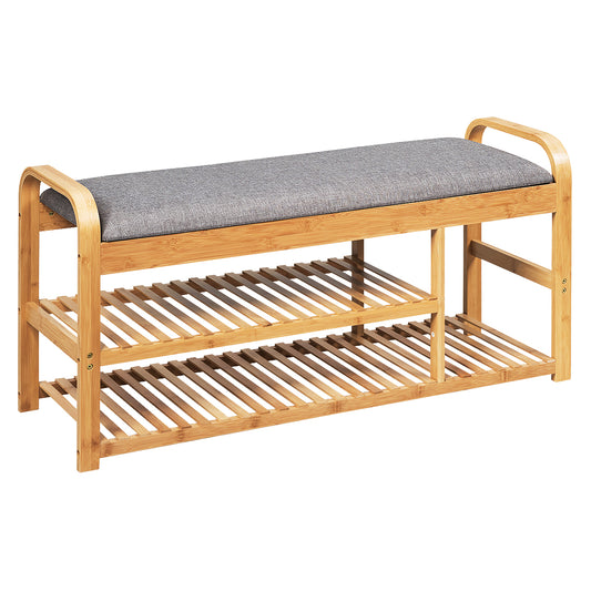 Bamboo Shoe Bench 2-Tier Shoes Rack with Seat Cushion-Natural