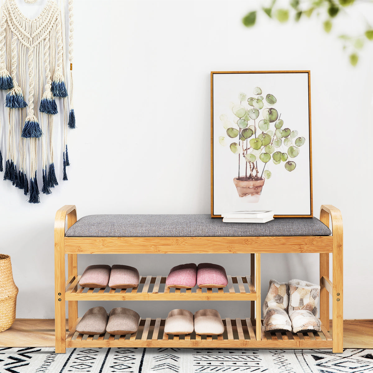 Bamboo Shoe Bench 2-Tier Shoes Rack with Seat Cushion-Natural