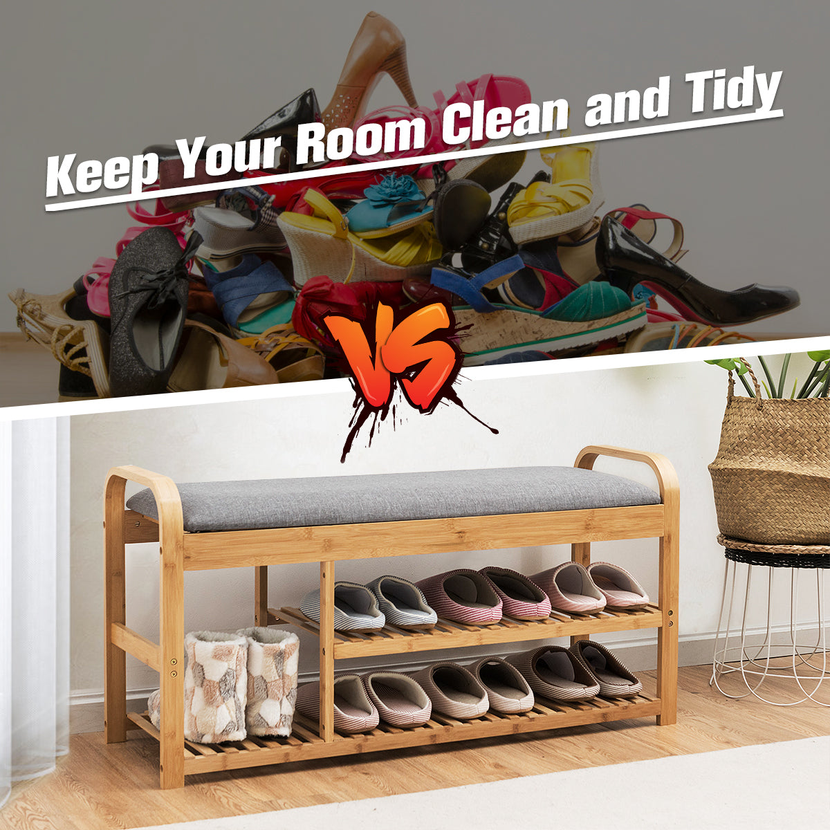 Bamboo Shoe Bench 2-Tier Shoes Rack with Seat Cushion-Natural