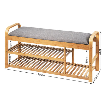 Bamboo Shoe Bench 2-Tier Shoes Rack with Seat Cushion-Natural