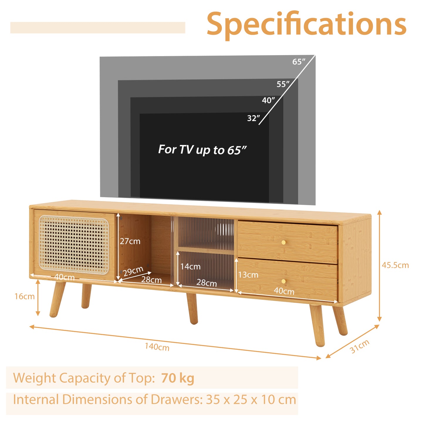 Bamboo TV Stand Modern Console Table for TV up to 65 Inch-Natural