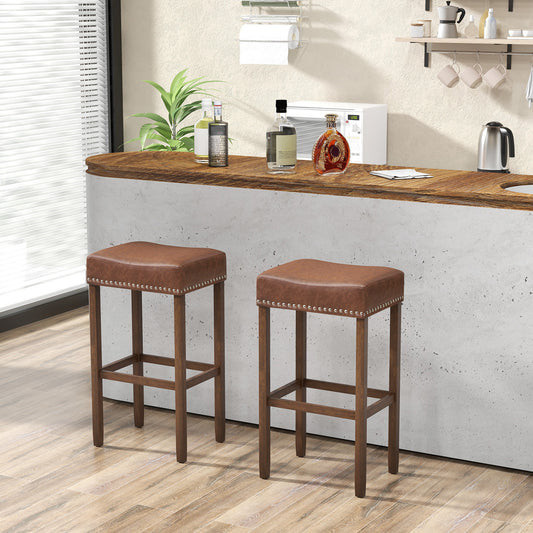 Bar Stool Set of 2 with PU Leather Upholstery Backless-Brown-74 cm