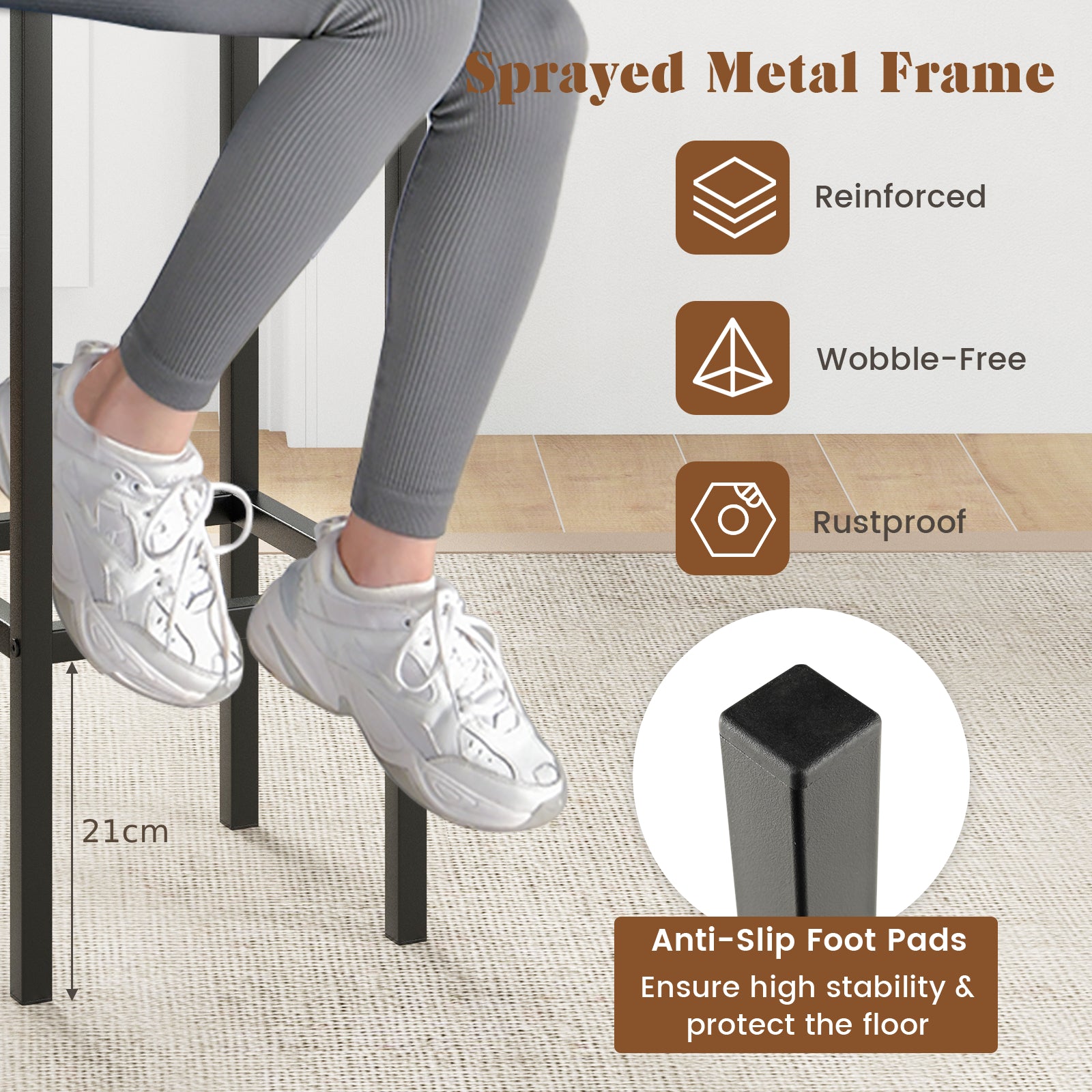 Set of 4 Bar Stool Set with Metal Legs and Footrest-Rustic Brown