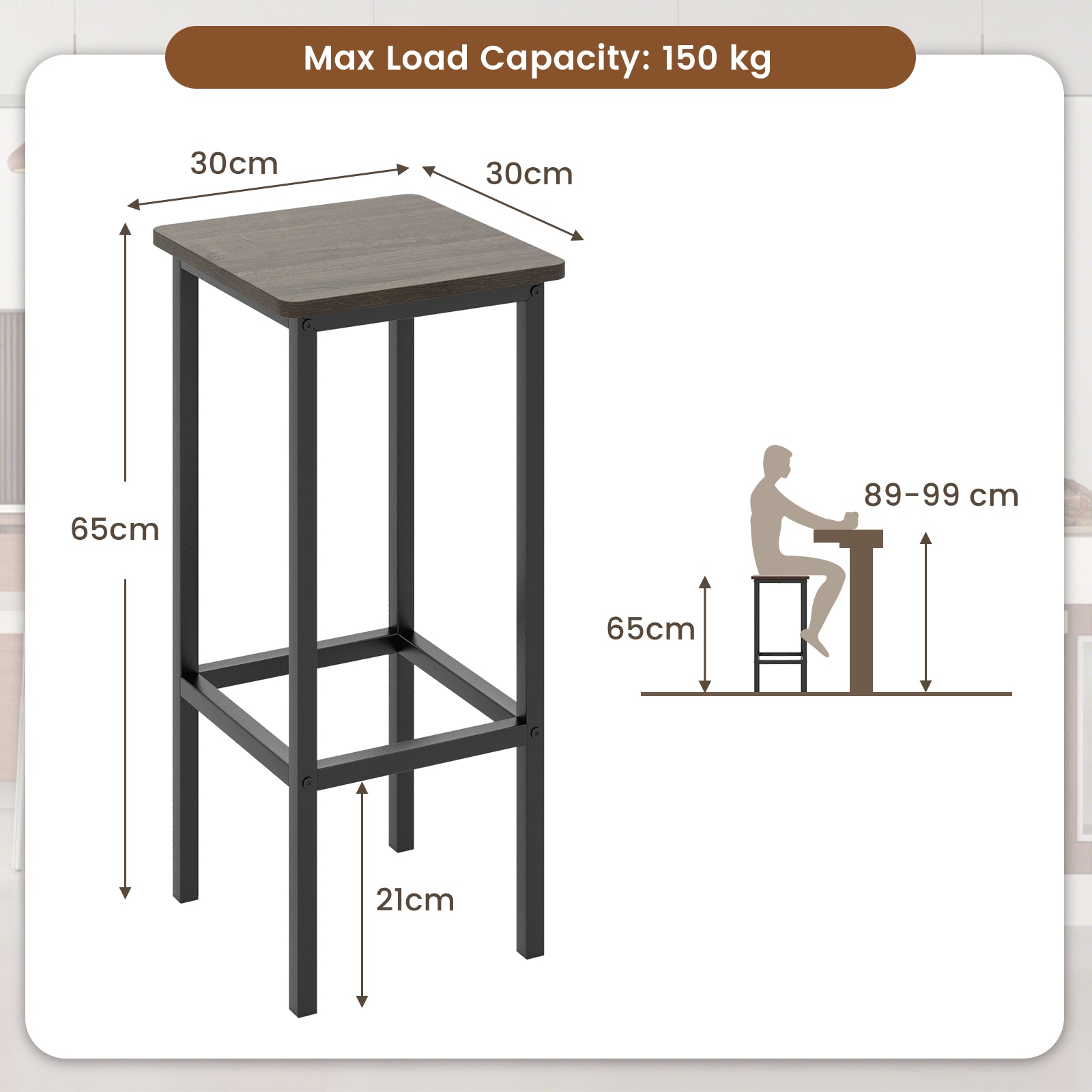 Set of 4 Bar Stool Set with Metal Legs and Footrest-Grey
