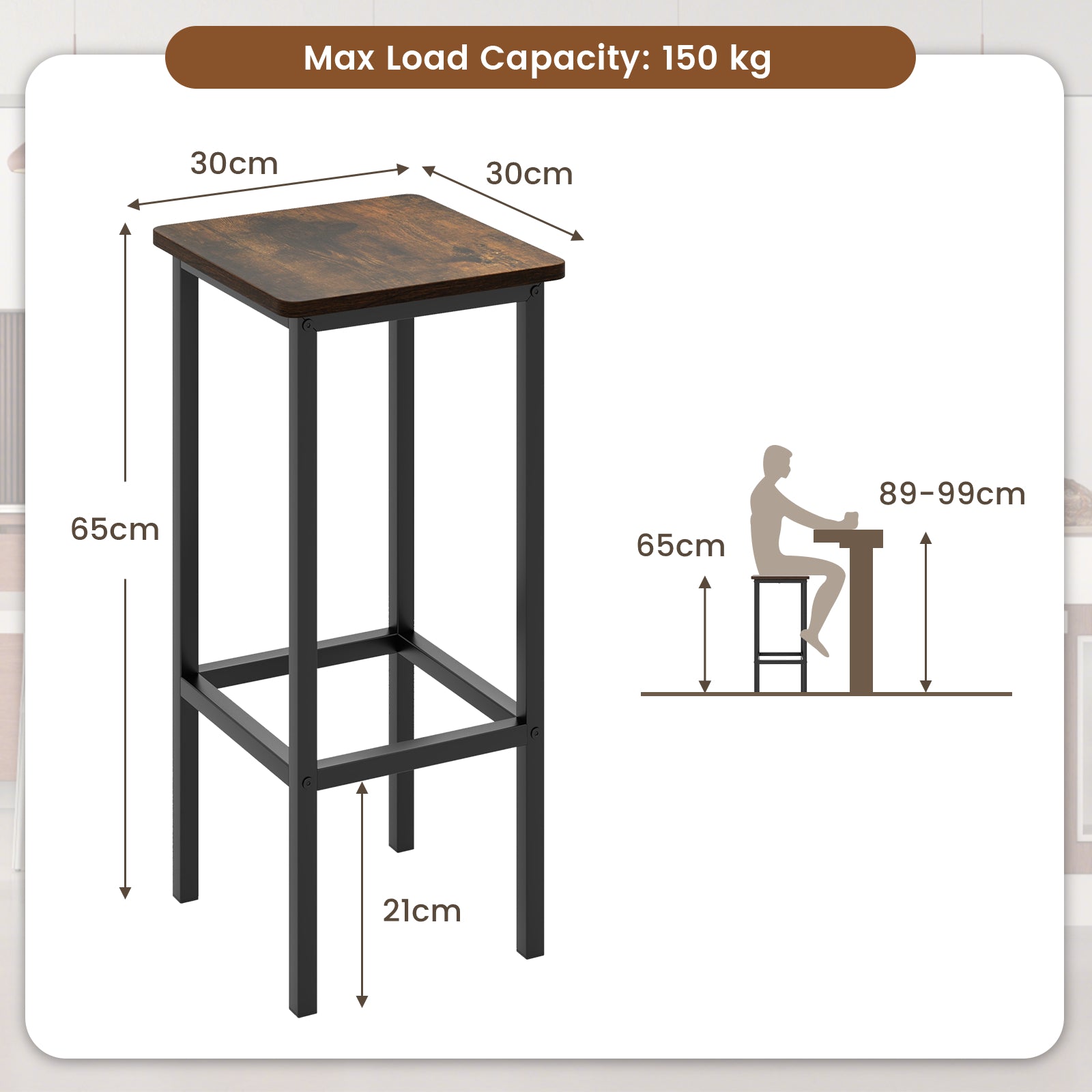 Set of 4 Bar Stool Set with Metal Legs and Footrest-Rustic Brown